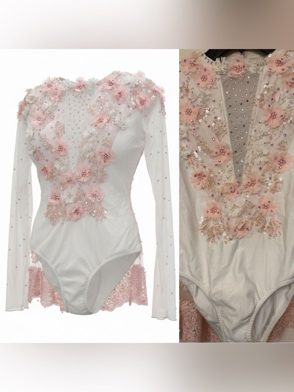 Glamour solo dance costume white lyrical floral lace long sleeve XLC child